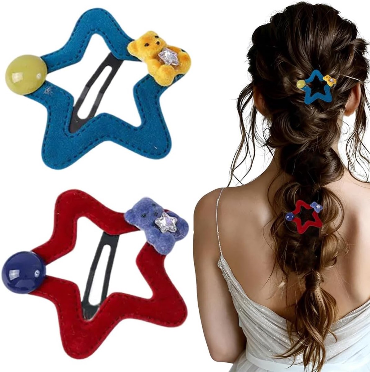 Haarspelden in stervorm met beer, schattig en kleurrijk, ideaal voor meisjes, dames en meisjes, voor het stylen van dagelijkse kapsels, rood en blauw