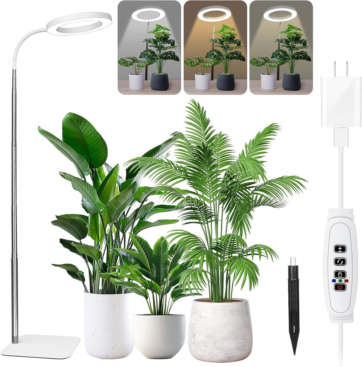 Plantenverlichting voor kamerplanten, led-plantenlamp met timer 3/9/12 uur, in hoogte verstelbaar (40-170 cm), 3 kleurmodi, 10 dimniveaus, zonnelamp voor hoge en kleine planten, wit