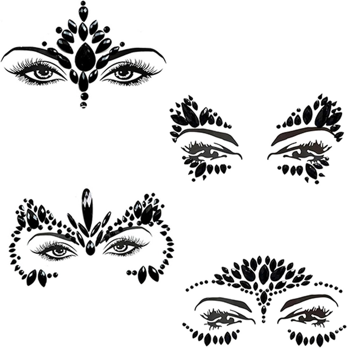 4 stuks zwarte glitterstenen voor gezicht, doe-het-zelf glitter-edelstenen, gezichtsstickers, zelfklevende gezichtskristallen, strassteentjes, waterdicht, festival, tijdelijke tatoeages voor Halloween