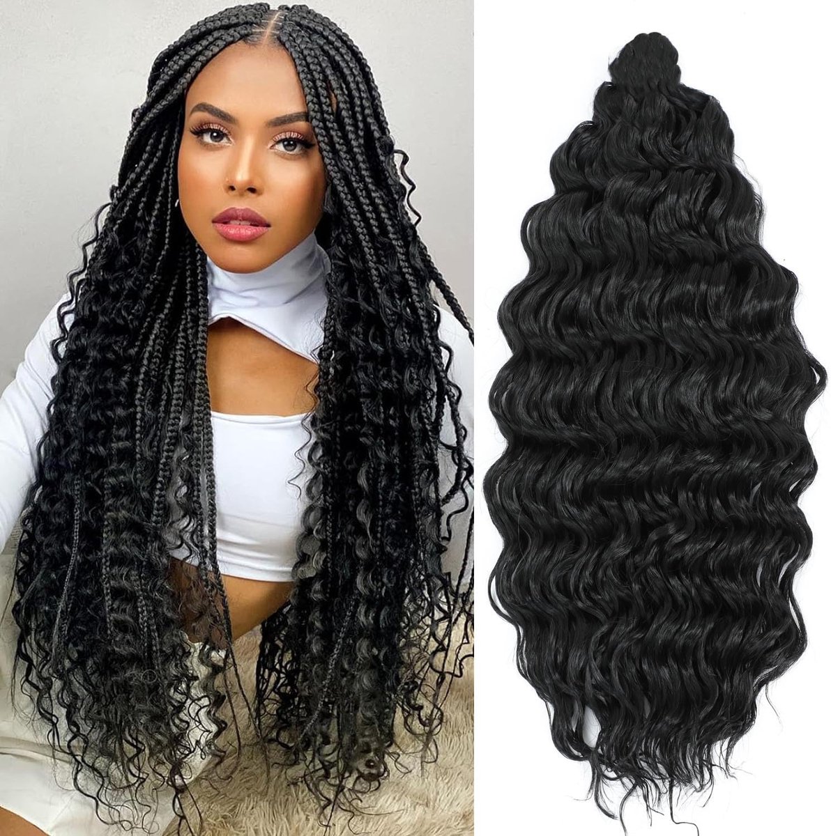 Wave Crochet Hair Deep Wave Braiding Hair Curly Crochet Synthetic Braids Hair Extension for Women (1B#, 24Inch 6Packs)