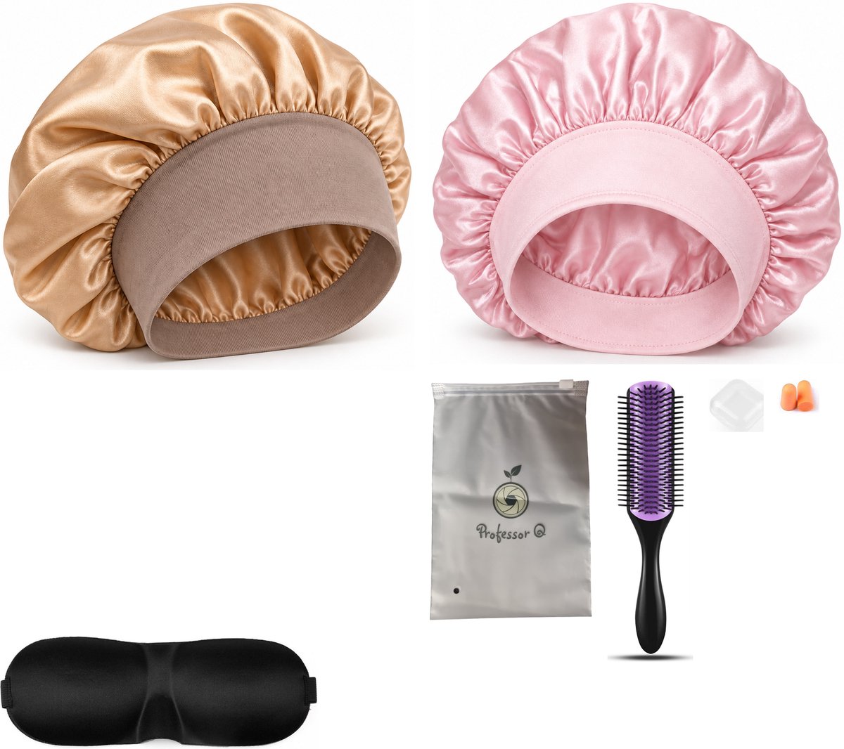 Professor Q Haarverzorgingsset - Bonnet Roze - Bonnet Goud - Purple Black Borstel - Slaapmasker Zwart