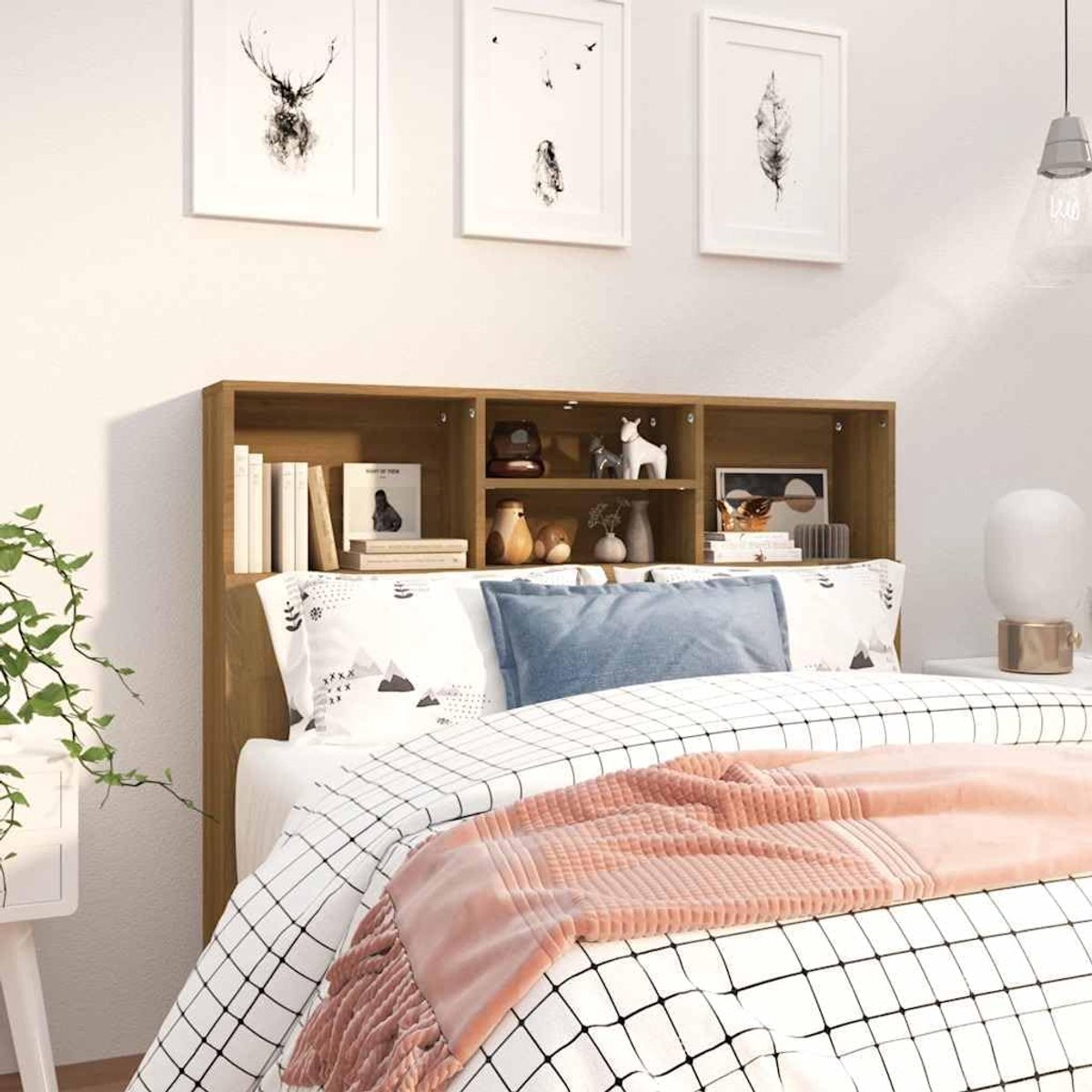 Hoofdeinde met planken in bruin eiken-look, 120 x 19 x 103,5 cm, 4 vakken, rek voor slaapkamer, wandrek met opbergruimte, modern design, boekenkast van houtmateriaal