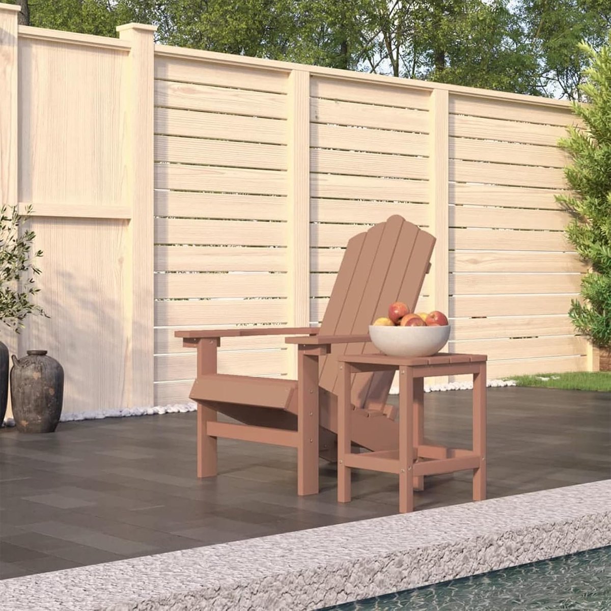 Tuinstoel, terrasstoel, stoel in Adirondack-stijl, buitenstoel met brede armleuningen, fauteuil met schuine rugleuning met tafel 1# HDPE bruin, 73 x 83 x 92 cm