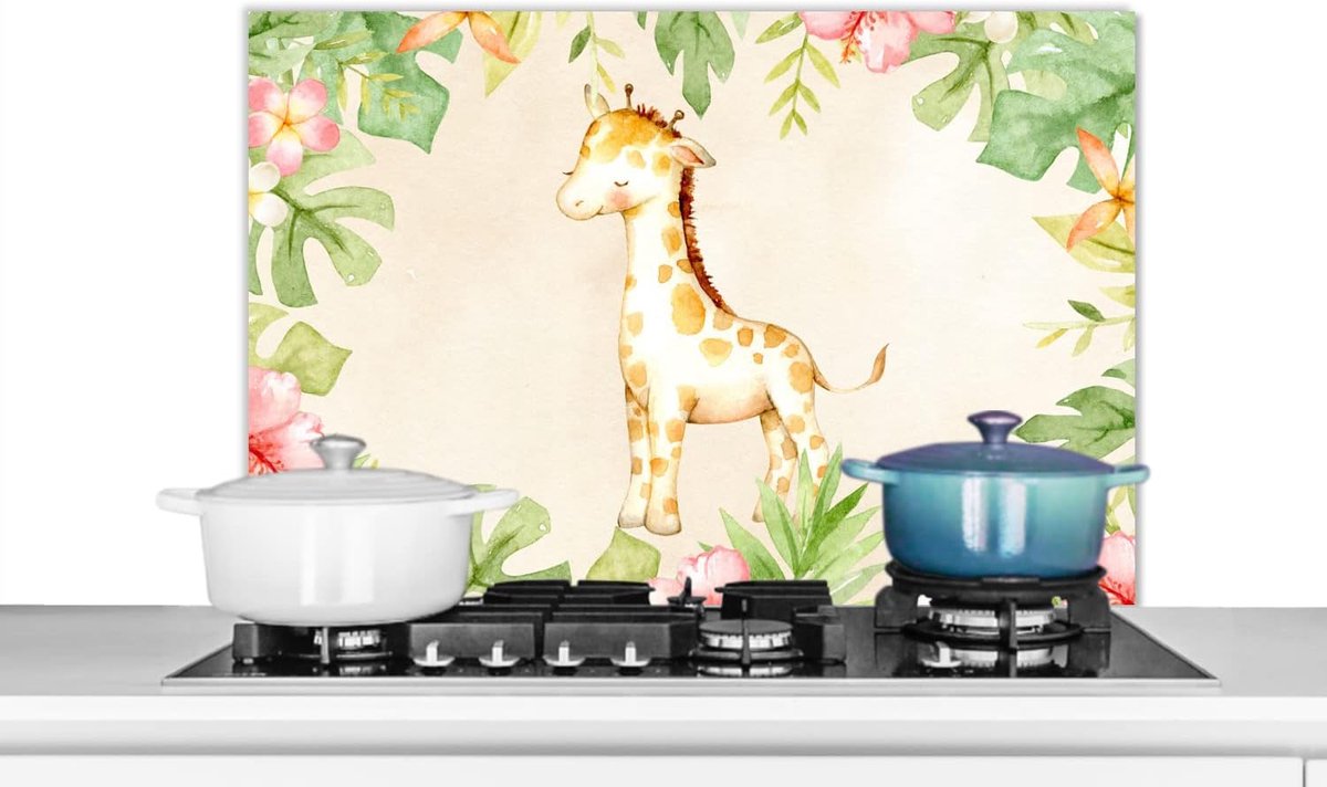 Spatscherm Keuken - 90x60 cm - Giraffe - Aquarelverf - Bloemen - Jungle