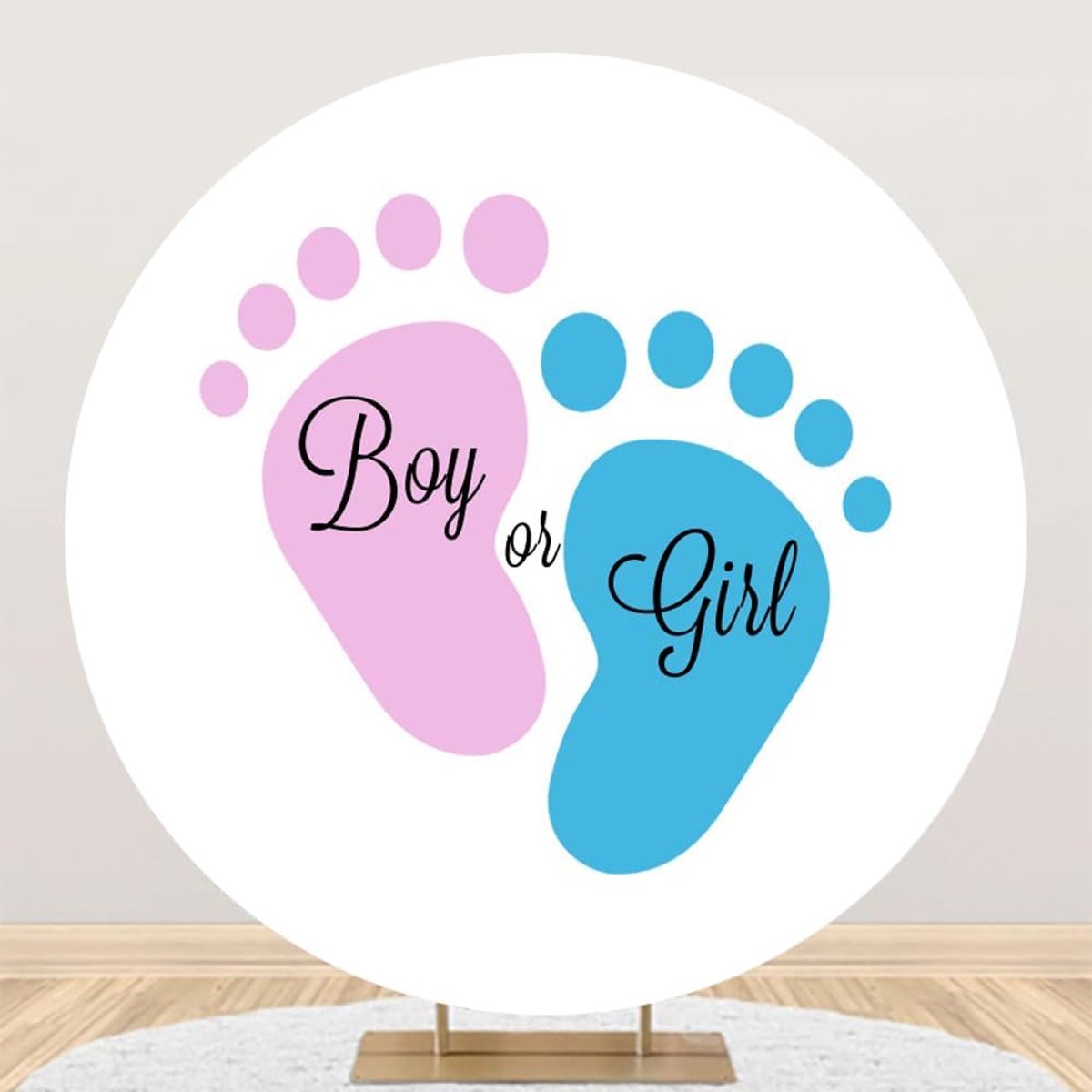 Geslacht Onthullen Ronde Achtergrond 6.5ft Jongen of Meisje Roze Blauwe Voetafdruk Achtergrond Baby Shower Pasgeboren Verjaardagsfeestje Decoratie Achtergronden Cake Tafel Banner