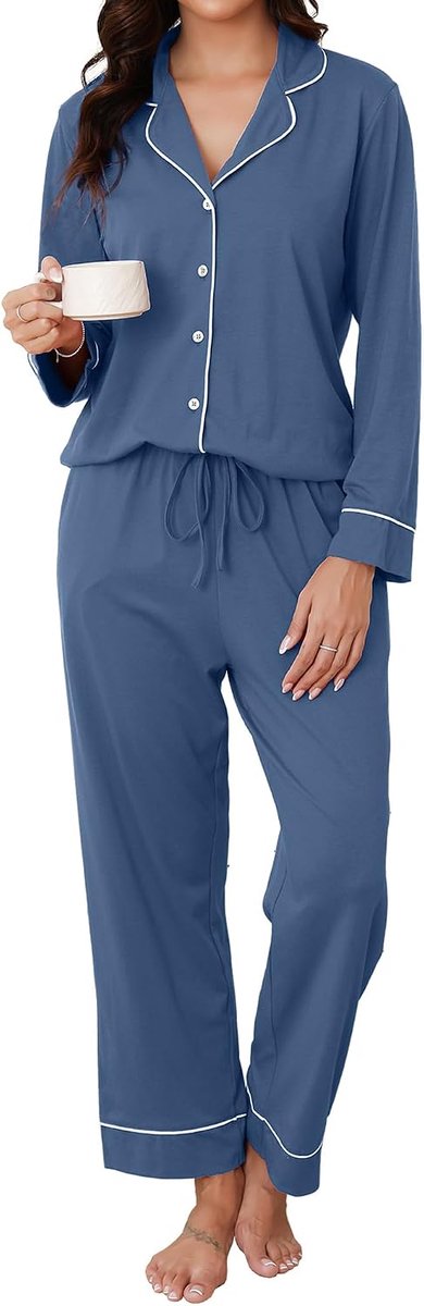 Pyjamaset Met Knoopjes, Lange V-Hals Tweedelig Lange Loungewear Huispak Pyjama Comfortabele Top En Pyjamabroek