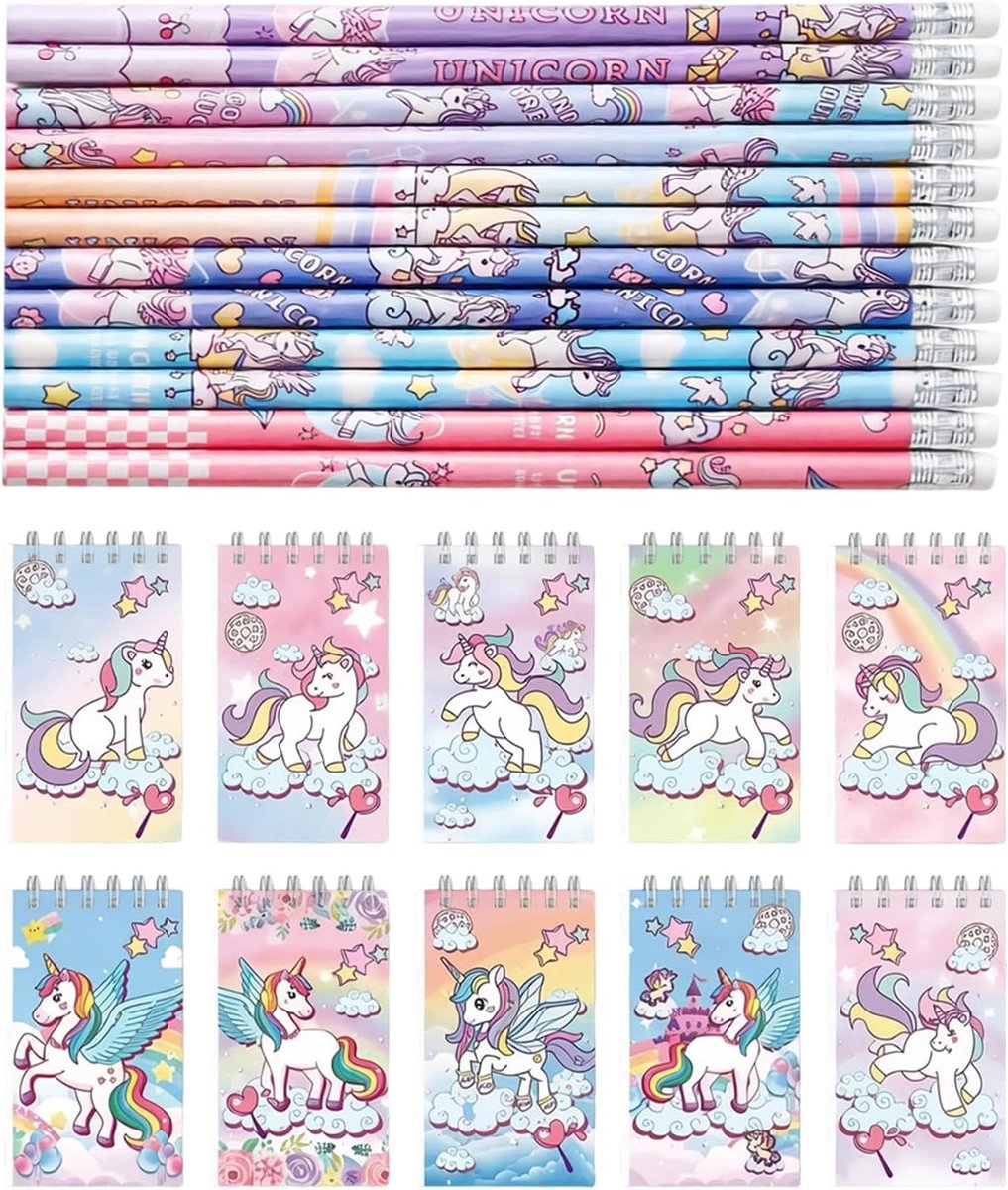 20-delige eenhoorn-schrijfset, 10 mini-notitieboeken en 10 HB pennen, paardenverjaardag, cadeautje voor kinderen, klein en praktisch voor school en verjaardag