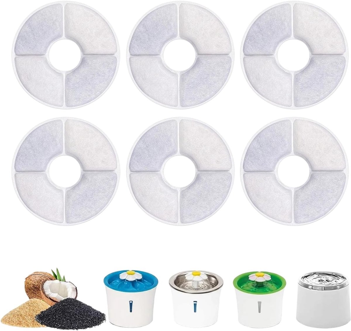 6 stuks waterfonteinfilters voor katten en honden, vervangingsfilters voor waterfontein voor honden en katten, drievoudige werking filtersysteem met actieve koolstof, ronde vorm, 4 secties, wit