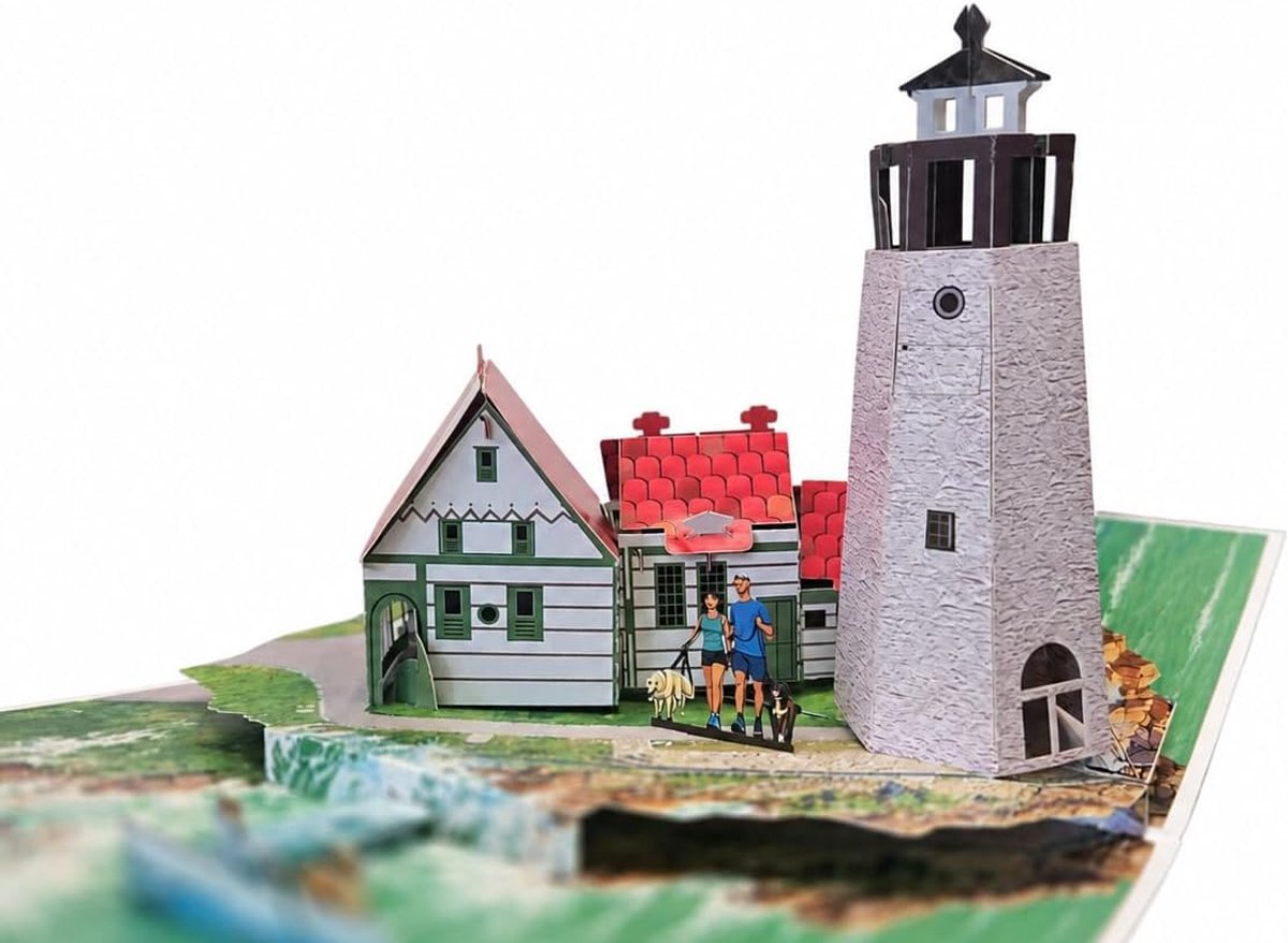 3D pop-up kaart vuurtoren met kusthuis en vissersboot