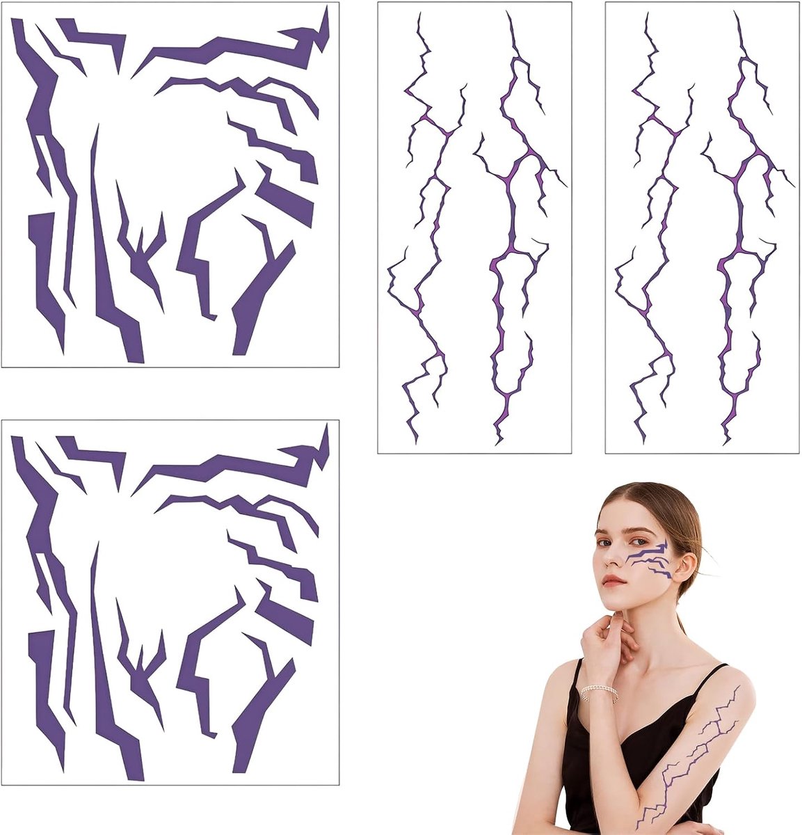 Tijdelijke Tattoos Paars Bliksem Design Nep Tatoeage Stickers Cosplay Tattoo voor Halloween Festival Rave Feest Lichaamstatoeage Paars Blauw
