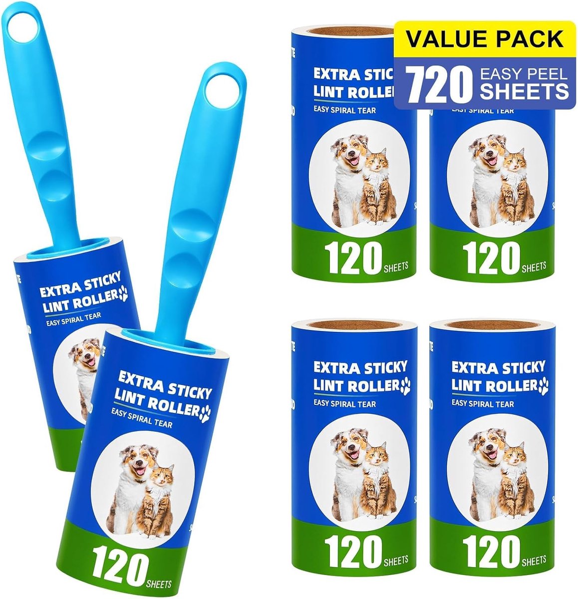 720 vellen pluisroller, 6 rollen met 2 handgrepen, extra kleverige pluisroller kleding, pluisroller dierenharen voor kleding, haar, bank, bed, kattenhaar, hondenhaar, 120 vellen/rollen