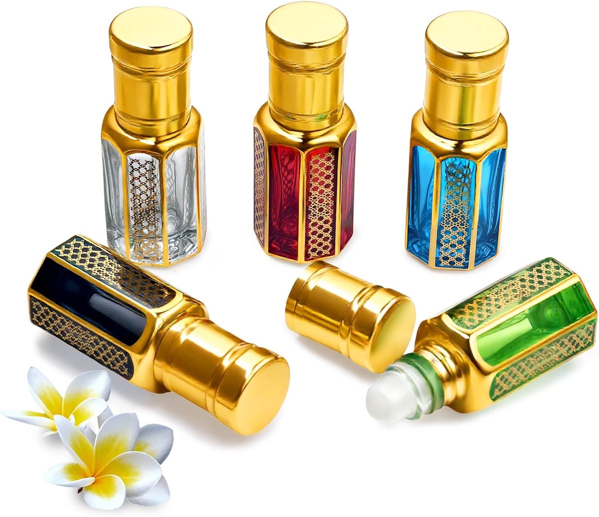 Rollerflessen voor Essentiële Oliën, 5 Stuks Navulbare Lege Rollerballflessen, 6 ml Glazen Parfum- en Essentiële-olie Roll-on Fles, Reisparfum Aromatherapiecontainer voor Thuis en Onderweg