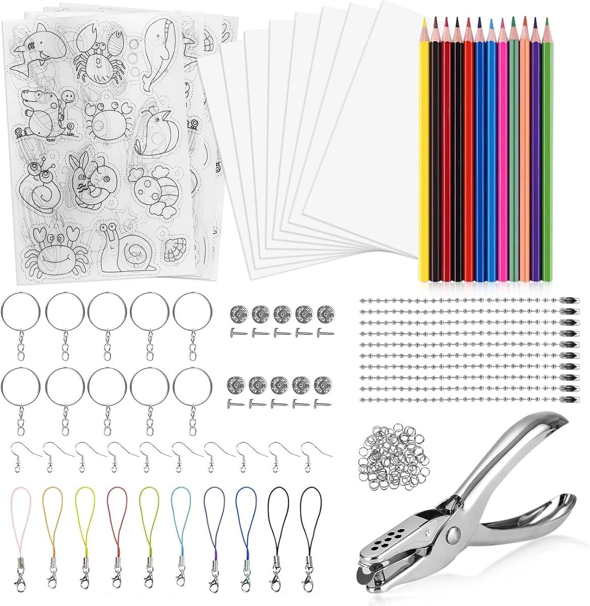 183-delige kunststof set, gekke kunststof folie, krimppapier met sleutelhanger, potloden, perforator, met potloden voor knutselen