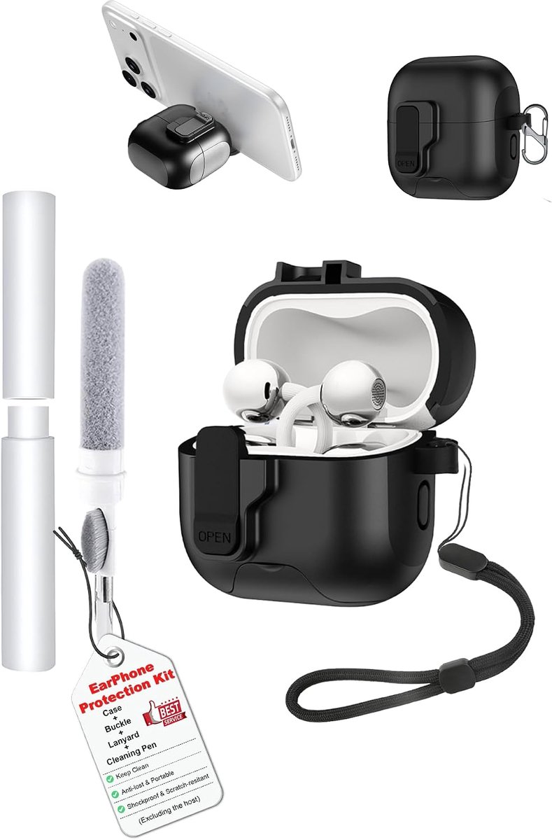 Hoes voor Huawei FreeClip 2 oordopjes, zachte TPU transparante cover, waterdicht, schokbestendig, krasbescherming, eenvoudig te dragen, met koord & sleutelhanger en reinigingsset (zwart)