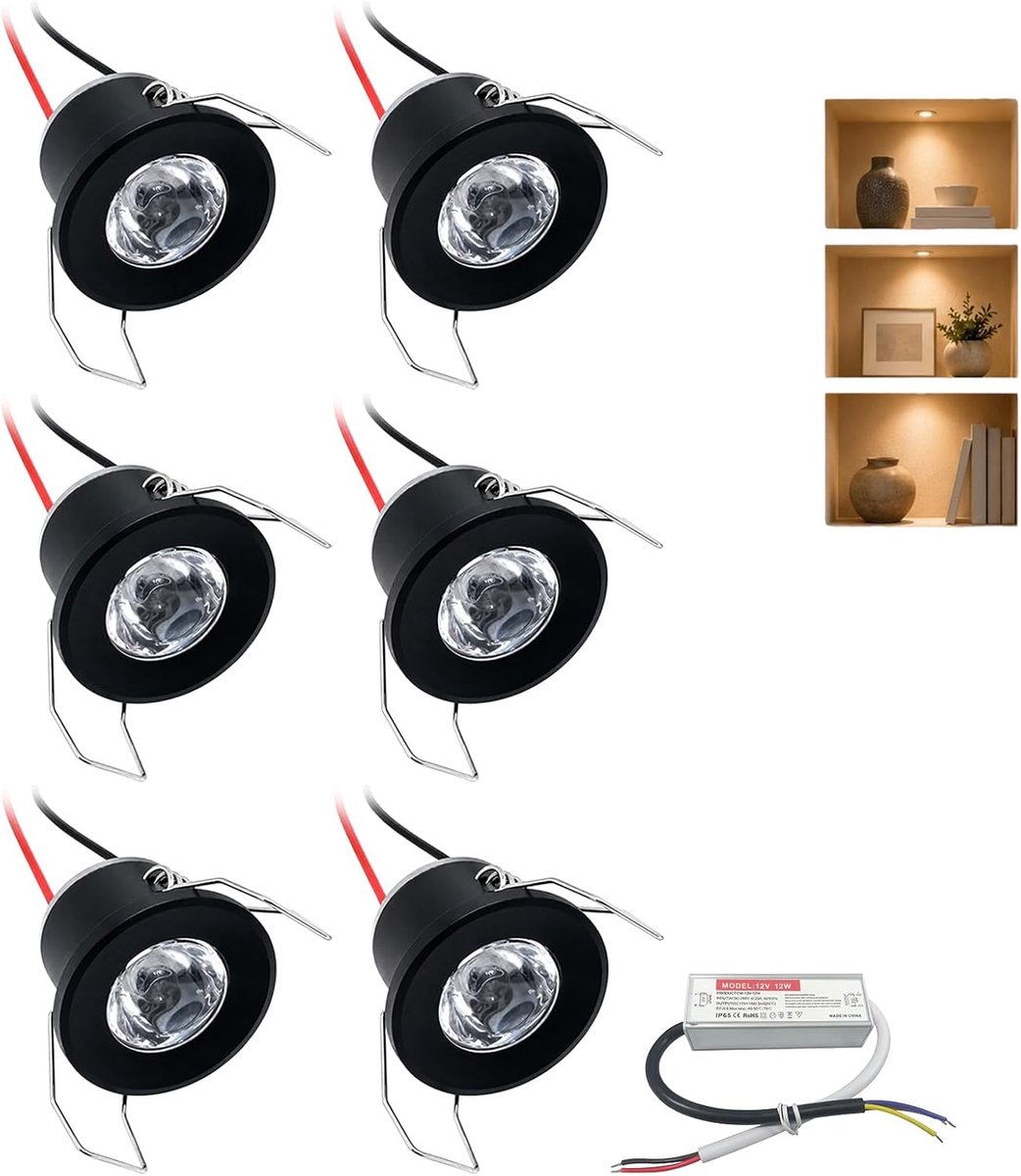 Set van 6 led-inbouwspots, 2 W, 12 V, ultraplat, IP65, waterdicht, voor badkamer, gat Φ25-28 mm, plafondspot, keuken, woonkamer, carport, mini-led-spot, extra plat, 19 mm, zwart, warm, 3000 K