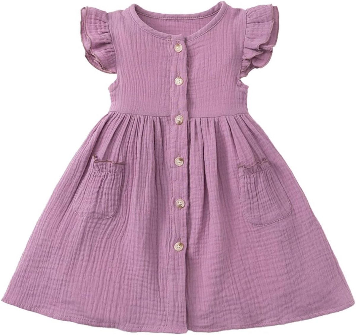 Zomerjurk voor kleine meisjes met ruches, ronde hals, knoopsluiting, casual, herfst, A-lijn, party, kinderjurk, 2-6 jaar