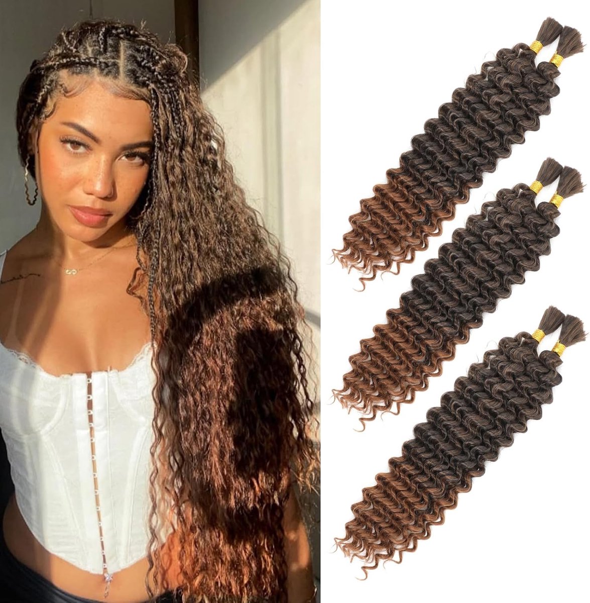Haarextensies, diep golvend bulk haar voor vlechten, 45 cm, geen weft, diepe golvende bundels, krullend, haarextensions voor boho vlechten en golvend vlechten, 2 vlechten per verpakking (T30