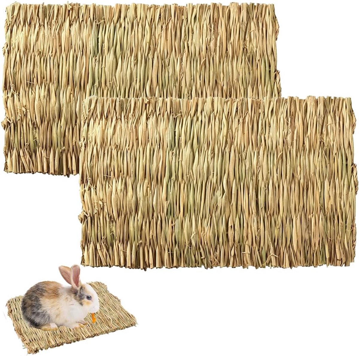 Grasmat voor konijnen, 2 stuks, 28 x 20 cm, natuurlijke mat voor kooi en omheining, om te knagen en uit te rusten voor dwergkonijnen, cavia's en kleine huisdieren