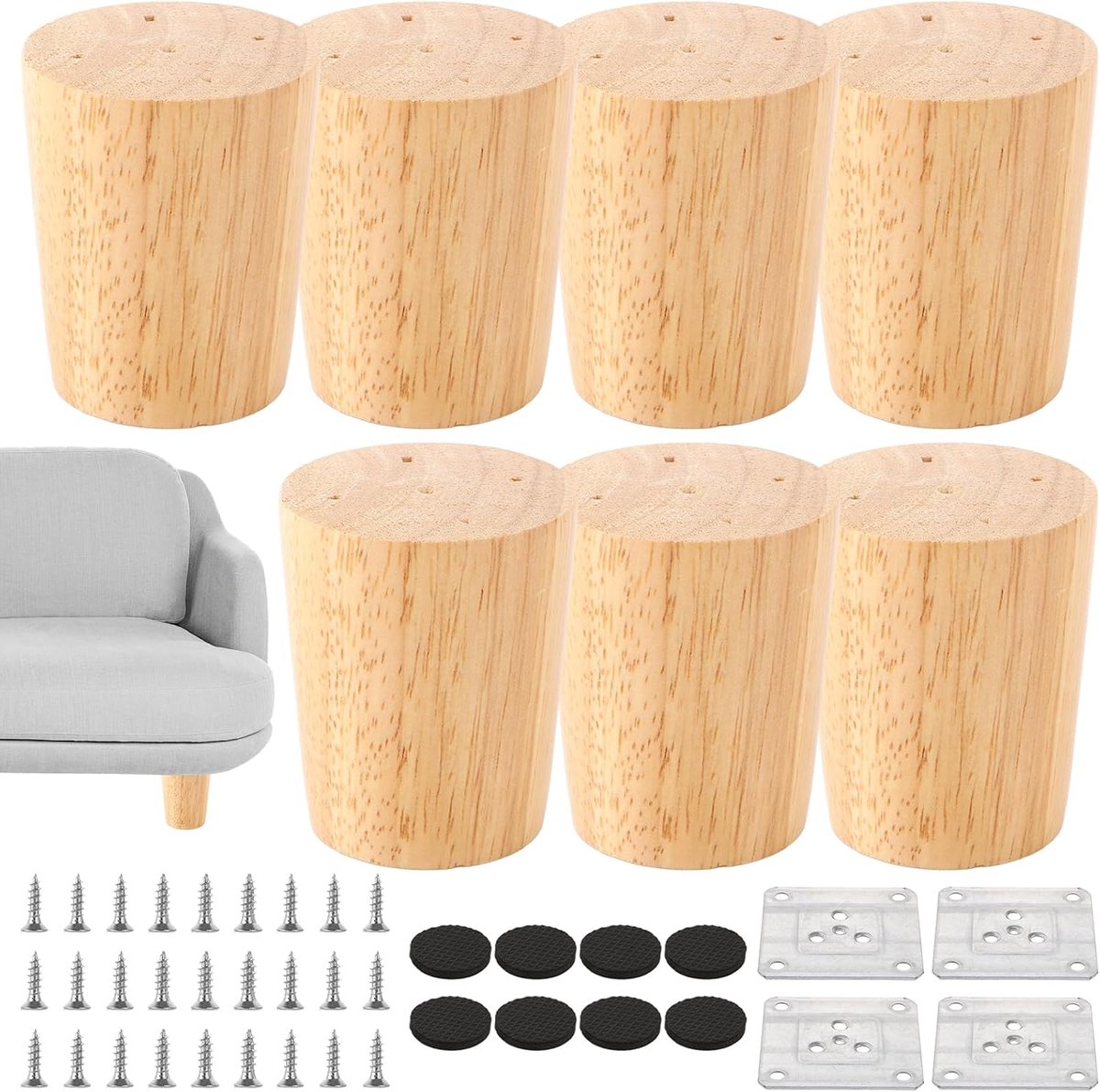 Houten meubelpoot 30cm - eikenhout - robuust - met montageplaten en schroeven - voor bed, kast, stoel, tafel
