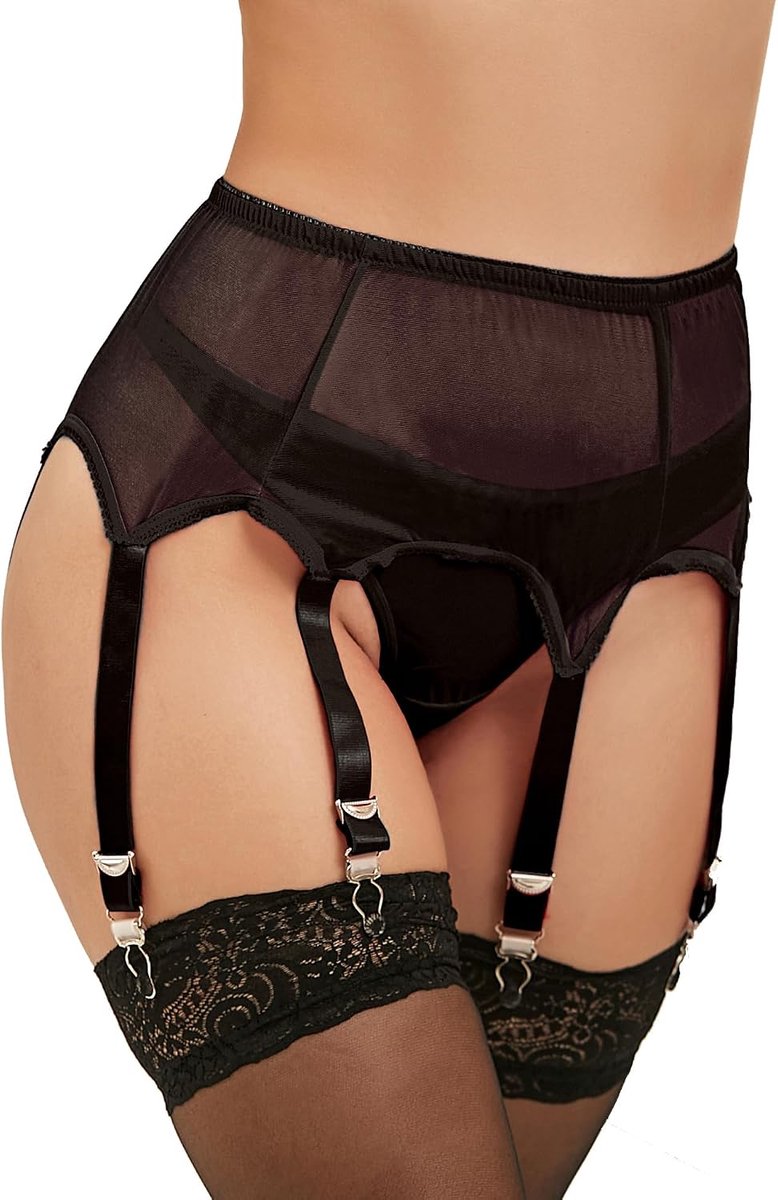 Jarretelgordel breed sexy mesh jarretelhouder dames met 6 clips jarretelhouder grote maten met slip jarretels lingerie set hoge taille jarretelgordel transparante lingerie gerter riem