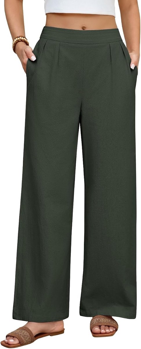 heekpek Katoenen broek voor dames, zomer, licht, breed, comfortabel, breed, hoge taille, casual broek met zakken