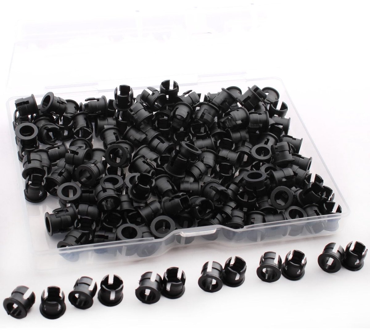 Pack van 160 zwarte LED diodes 5 mm met plastic houder, lampenvoet en montageclip voor verlichting