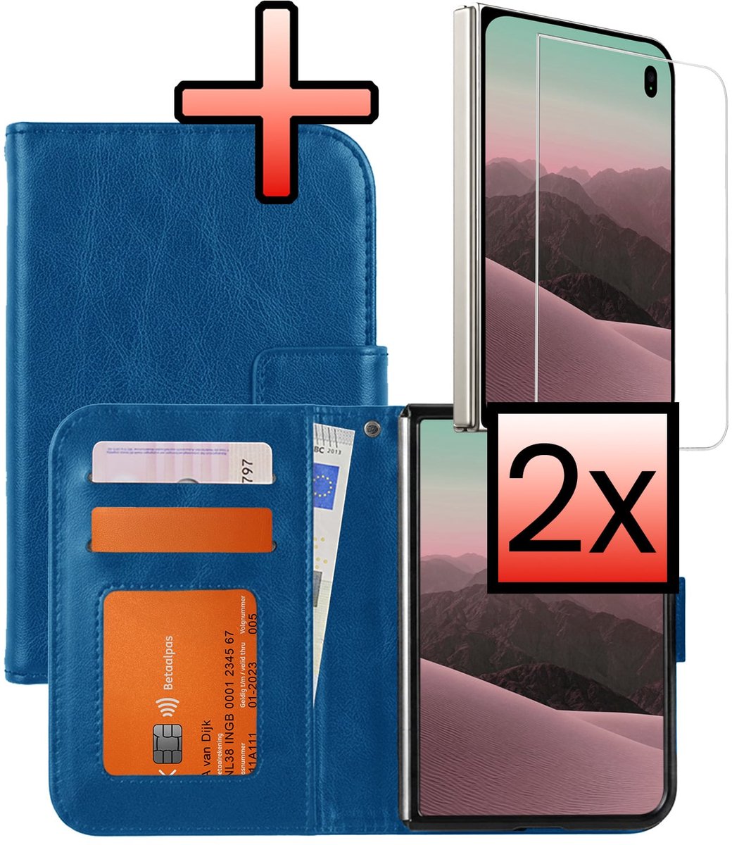 Hoesje - Met 2x Screenprotector - Geschikt voor Apple iPhone Duo - Luxe Pasjeshouder - Bookcase Portemonee - Flip Case - Kunstleer Book Case - Flipcase Hoes - Book Cover - Walletcase - Portemonneehoes - Donkerblauw