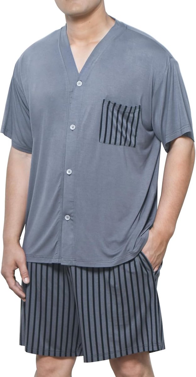 Modal herenpyjama, set shorts en T-shirt, set van 2 pyjama's voor heren, zachte loungewear V-hals met knoopsluiting, zomernachtkleding