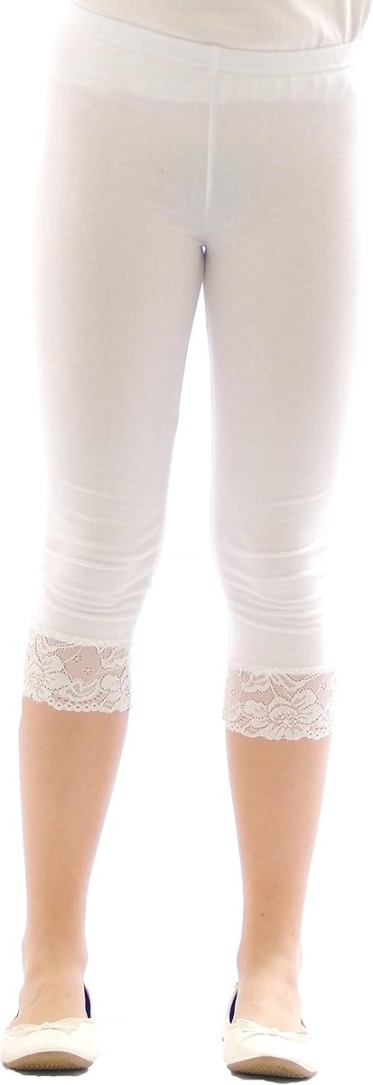 Leggings, capri, 3/4, kort, met katoenen kant, Wit, 134 cm