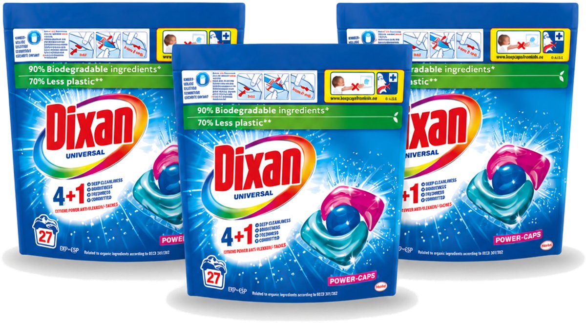 3 x Dixan - Wasmiddelcapsules - Universeel - 27 wasbeurten - Voordeelverpakking - 3 stuks