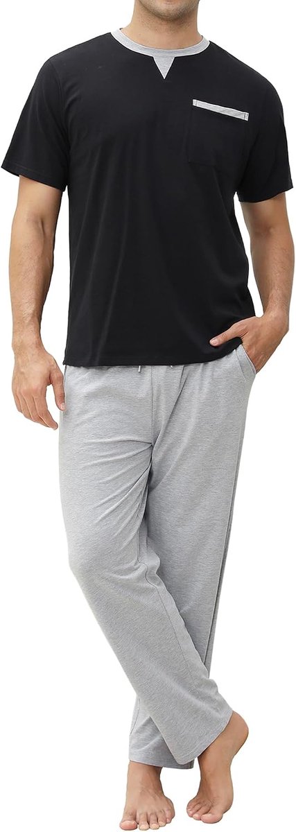 Pyjama voor heren, katoen, korte mouwen en shorts, 2-delige pyjamaset, zacht, comfortabel, loungewear, V-hals, herennachtkledingsset met zakken