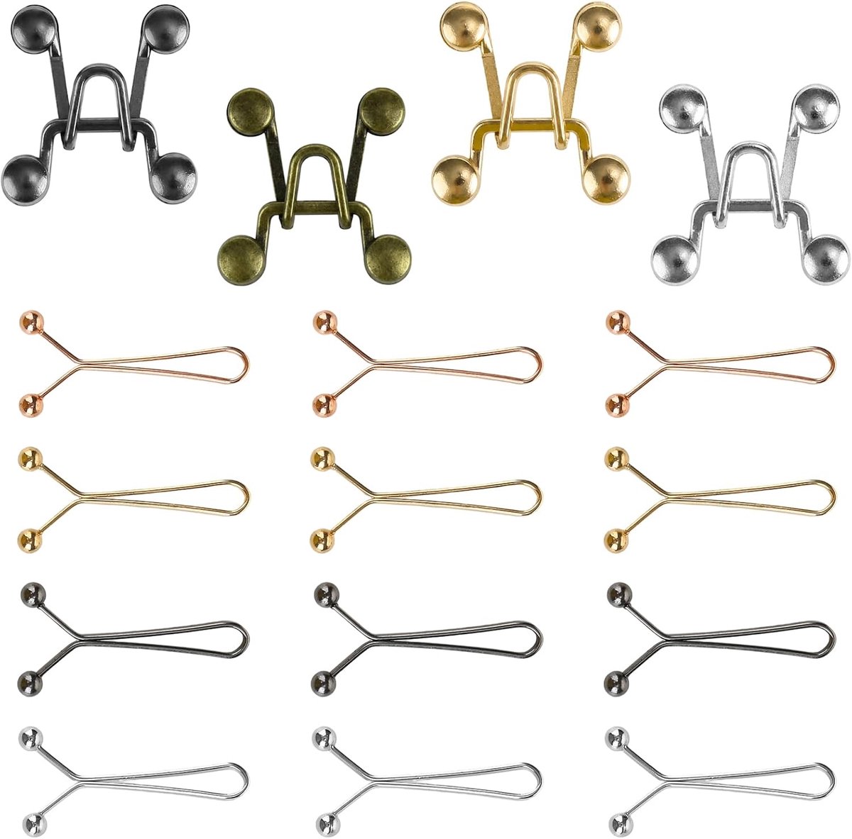 strakker maken clip en knoop, 16 stuks (12 clips + 4 knopen), geen naaien, taillespanner, broekband, mouwverkleiner, 4 kleuren, metalen knopen, verstelbaar, voor jeans, rokken, T-shirts