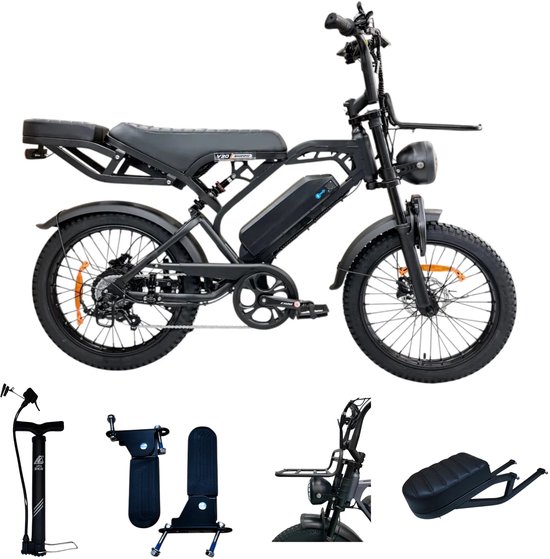 Zwarte elektrische fiets met dubbel zadel, brede banden, voordrager en set accessoires.