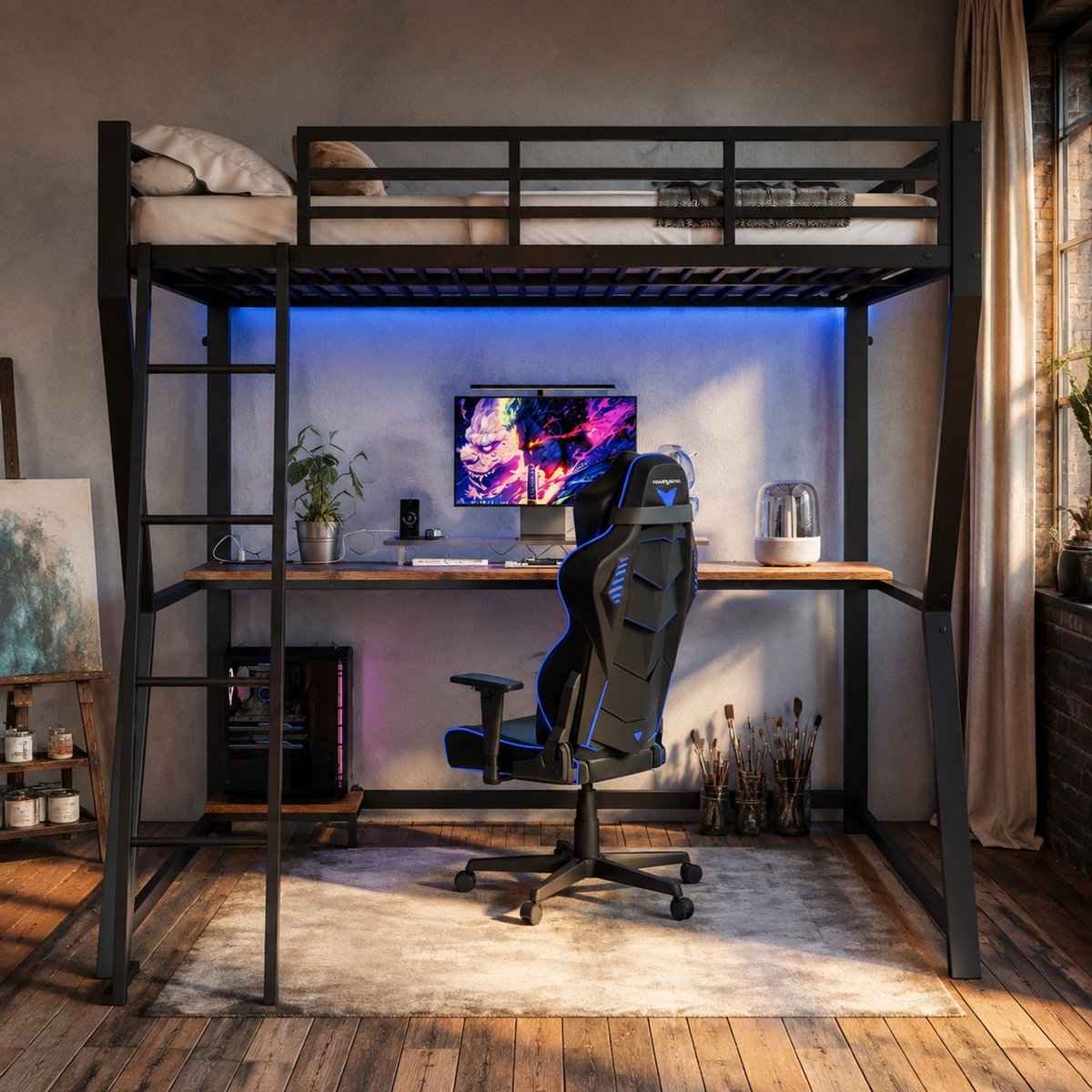 WUVRIE Hoogslaper 140x200 cm met bureau, LED-verlichting, stopcontact, USB, trap en uitvalbeveiliging, zwart