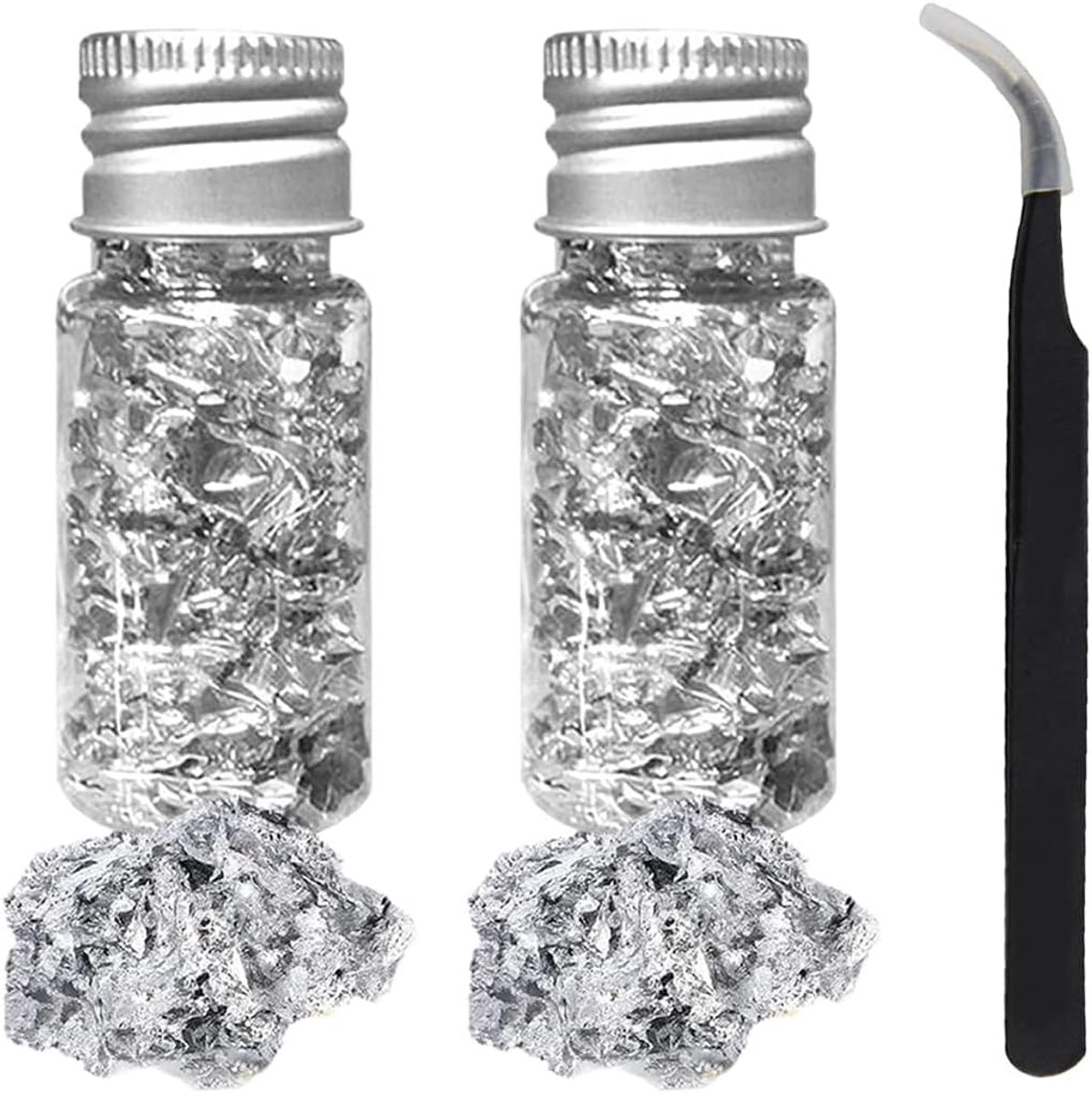 1 fles voor het versieren van goudfolie, met 1 pincet, metaalfoliebladeren, vlokken voor knutselwerk, nageldecoratie, telefoonhoesjes en sieraden maken van hars, zilver