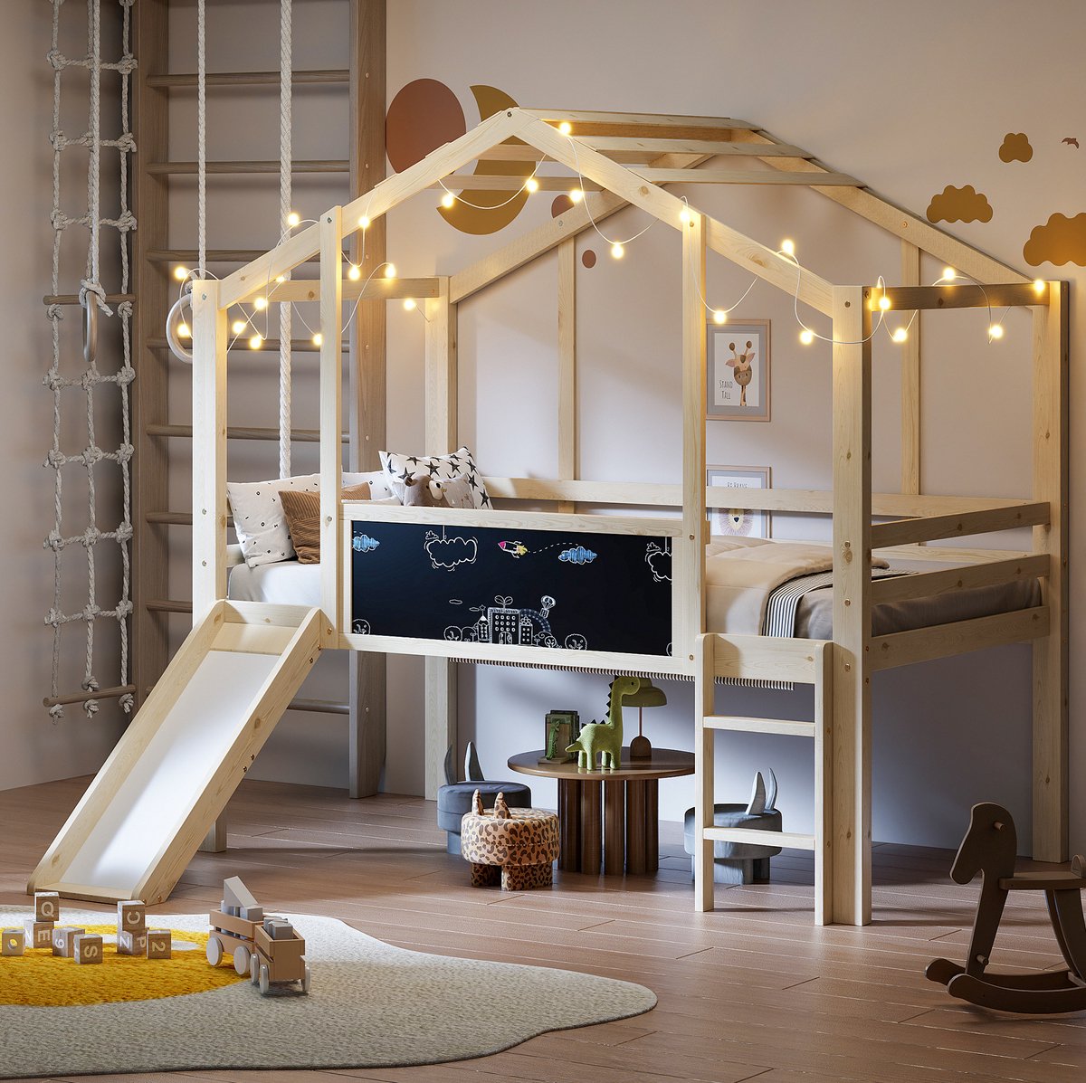 WUVRIE Hoogslaper 90x200 cm met huisframe, glijbaan, ladder, schoolbordpaneel en veiligheidshekken, naturel Naturel hout