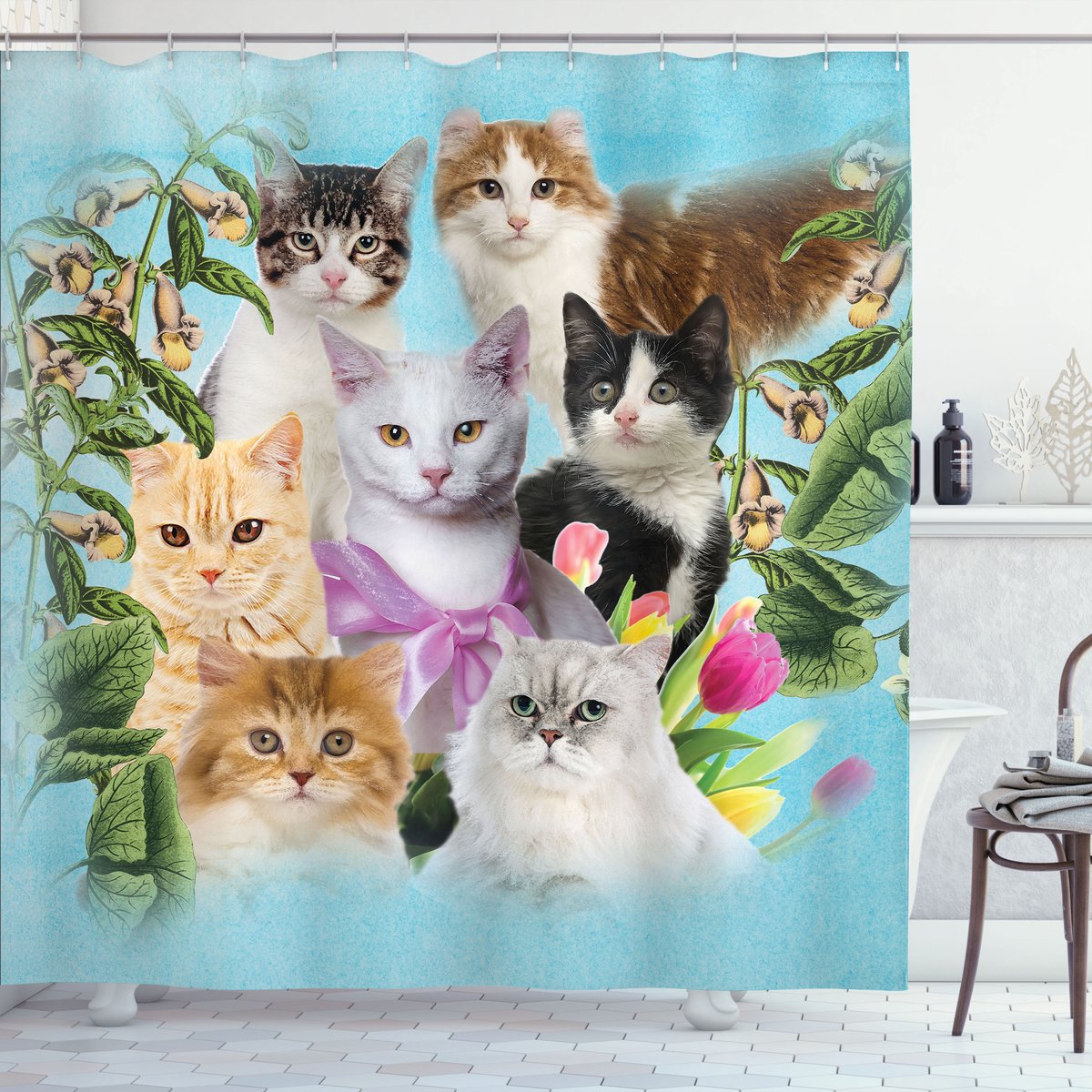 ABAKUHAUS Katzenliebhaber Douchegordijn, Katten Katzenartige Huis, Stoffen Badkamerdecoratieset met Haken, 175 x 200 cm, Meerkleurig