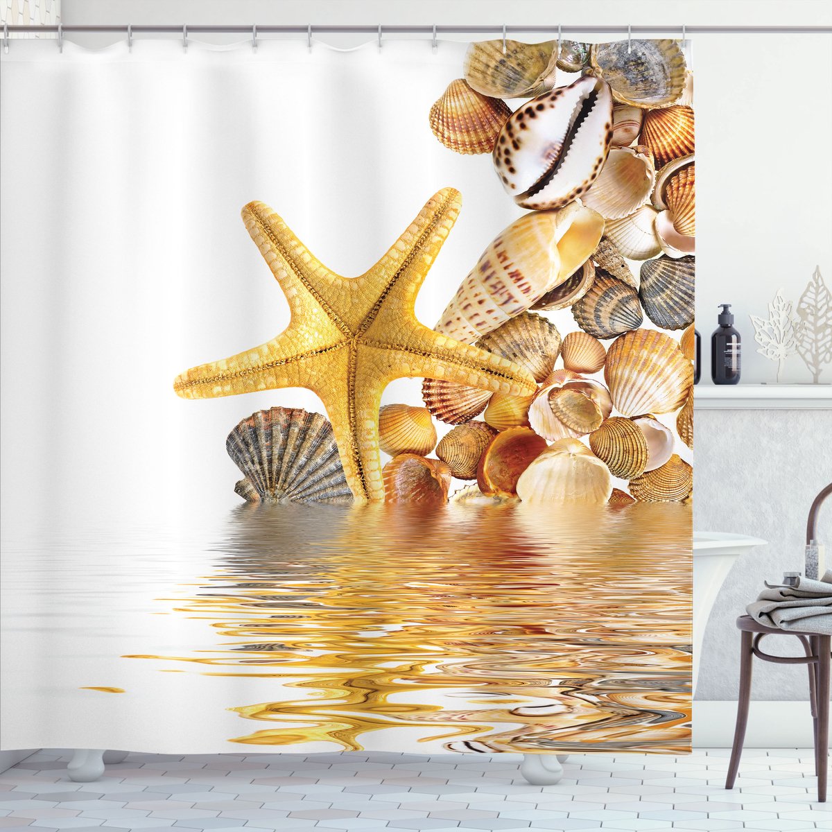 ABAKUHAUS Strand Douchegordijn, Schelpen en Zeesterren, Stoffen Badkamerdecoratieset met Haken, 175 x 200 cm, Bruin Geel Crème