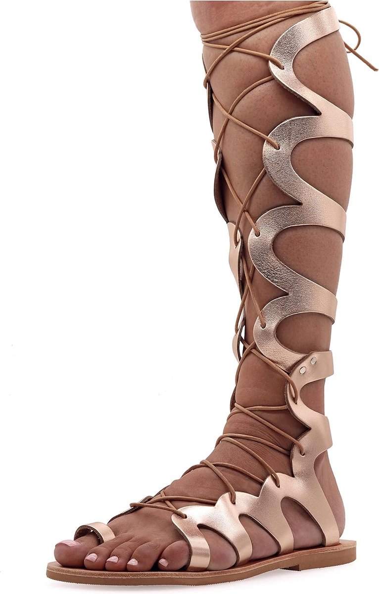 Knie-hoge lederen sandalen in oude Griekse stijl, handgemaakte platte gladiator sandalen met open tenen, hoge kwaliteit zomer schoenen voor het vastbinden voor vrouwen