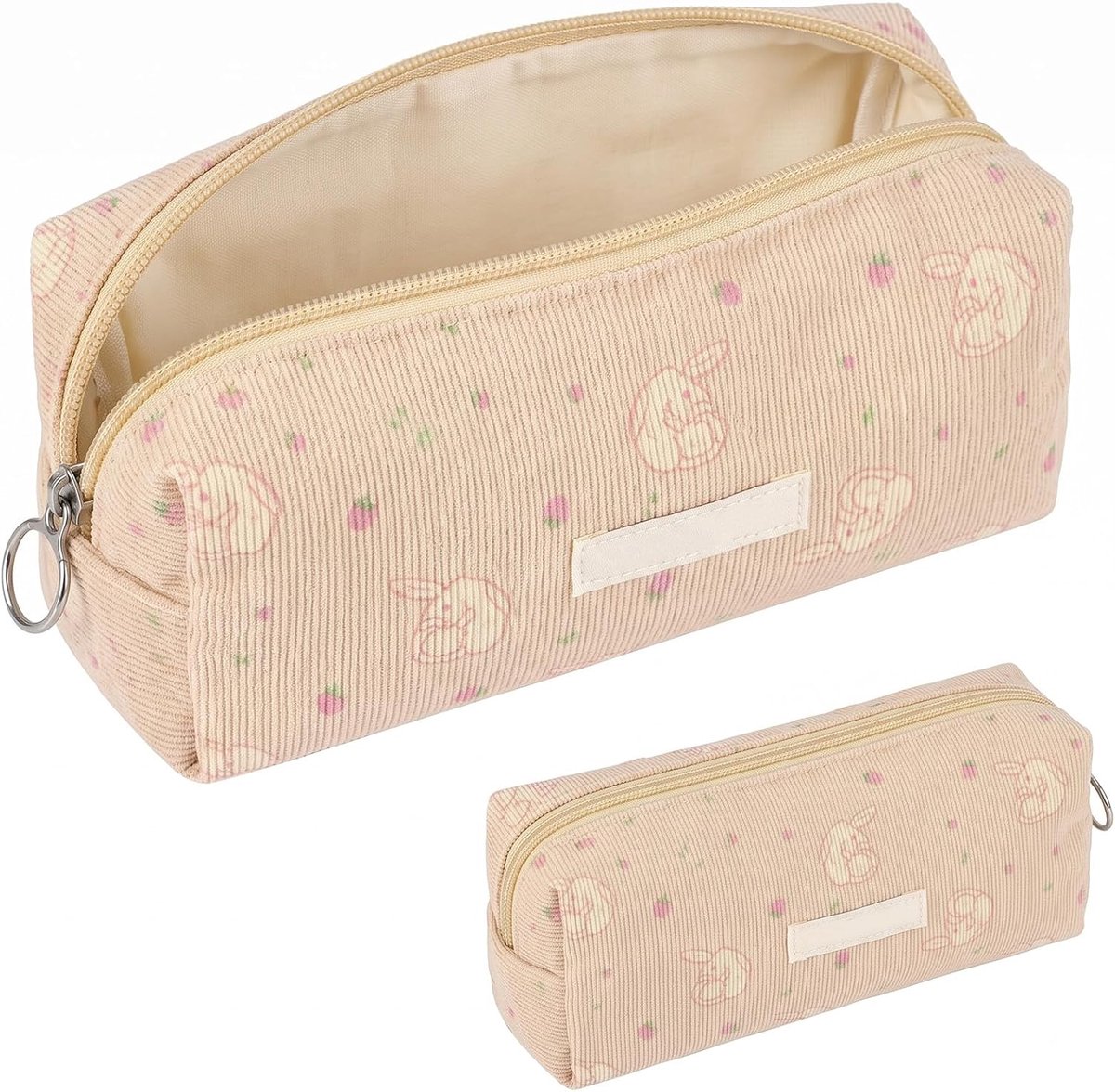 Kawaii-etui voor meisjes van corduroy, haas, aardbeien, grote inhoud, roze, voor school en universiteit, esthetisch pennenetui voor jongeren en kinderen, 19 x 7 x 6 cm