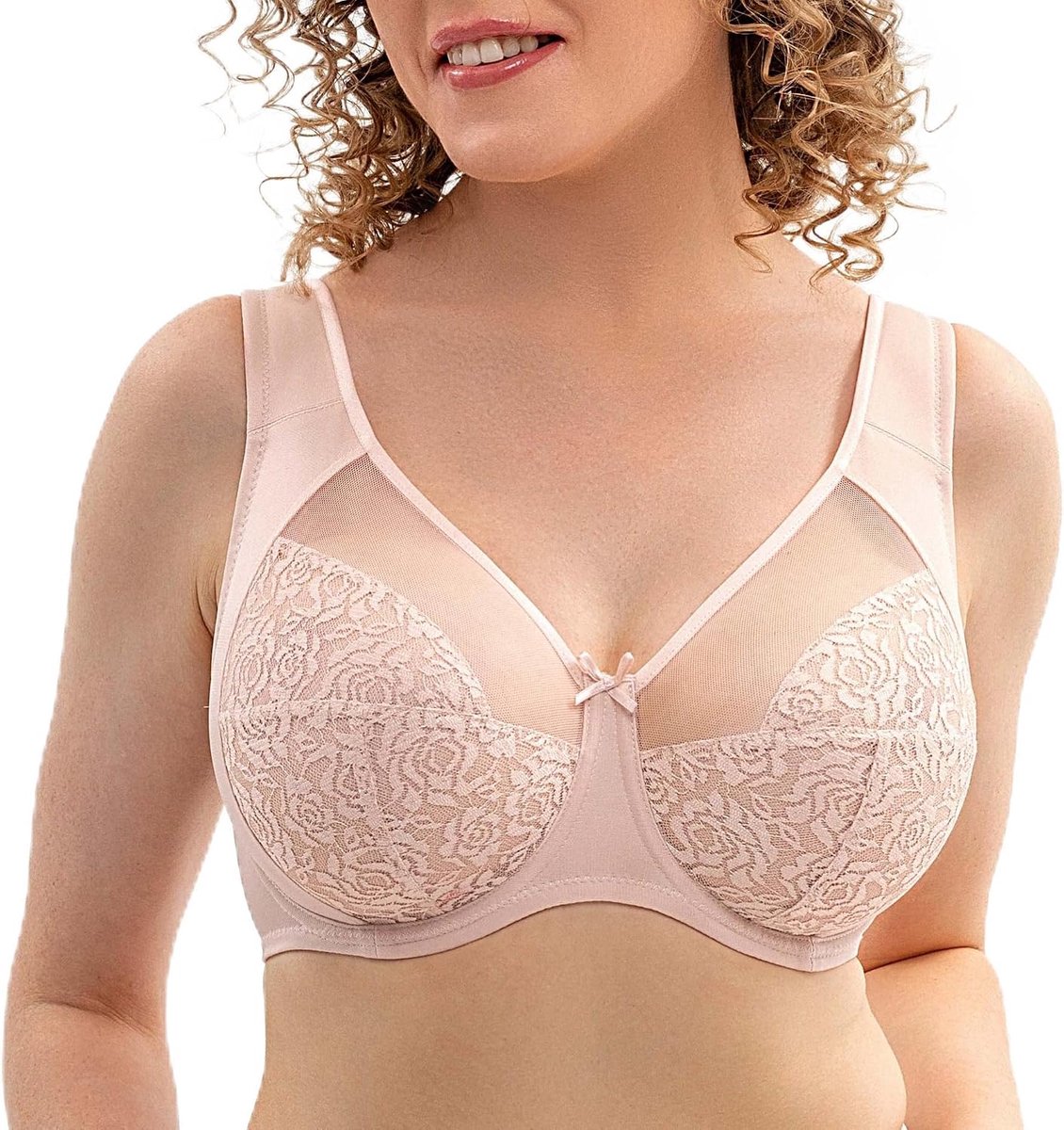 Beha voor dames in grote maten met beugel, zachte cup met kant, ondersteunende minimizer shaper, ademend met brede, gevoerde bandjes