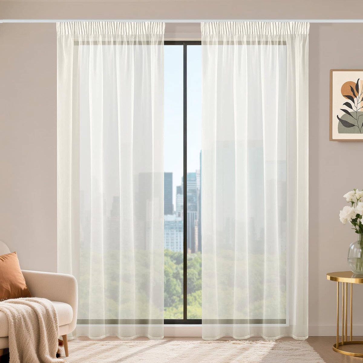Gordijnen met plooiband, set van 2, voile schuifgordijnen, 220 x 140 cm (h x b), transparant gordijn, beige, gordijnen voor woonkamer, slaapkamer, transparant gordijn