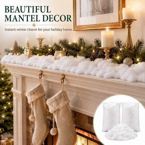 2 zakken nep-sneeuwdecoratie pluizige kunstmatige katoenvezel pluizige nepwolken zachte sneeuwdeken voor ambachten mantel dorp Kerstmis winter indoor woondecoratie (wit) — afbeelding 5