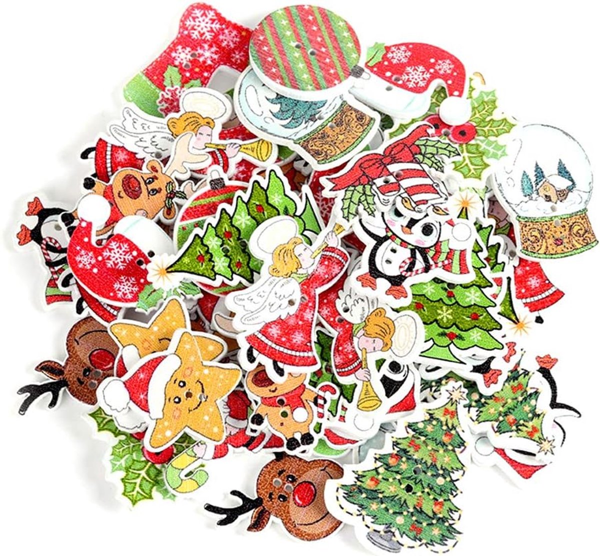 Kerstknoppen, 100 stuks gemengde knutselknoppen met 2 gaten, kerstboom, rendier, kerstman, houten knop om te naaien, handwerk, knutselen, kaartjes maken, versieringen, kerstdecoratie