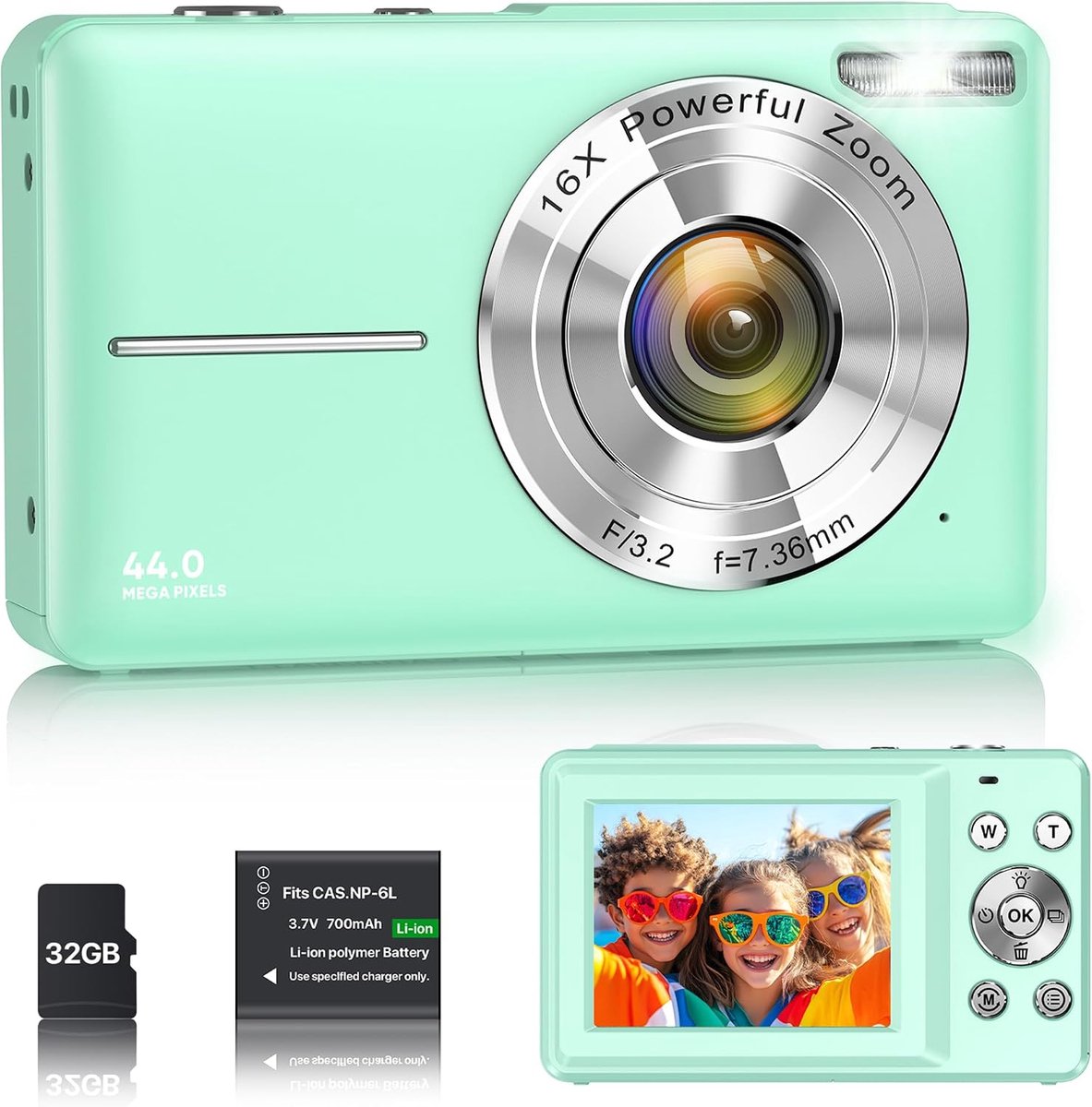 Camera, 1080p, 44 MP, vloggingcamera voor kinderen en jongeren, FHD compacte camera met 2,4 inch scherm, 16x zoom, anti-shake mini-camera voor beginners, studenten, jongens, meisjes, groen