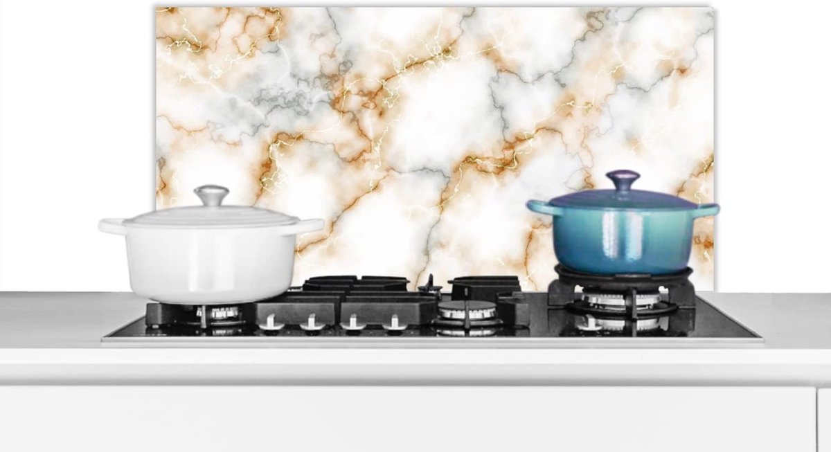 Spatscherm Keuken - 90x45 cm - Marmer - Wit - Grijs - Goud