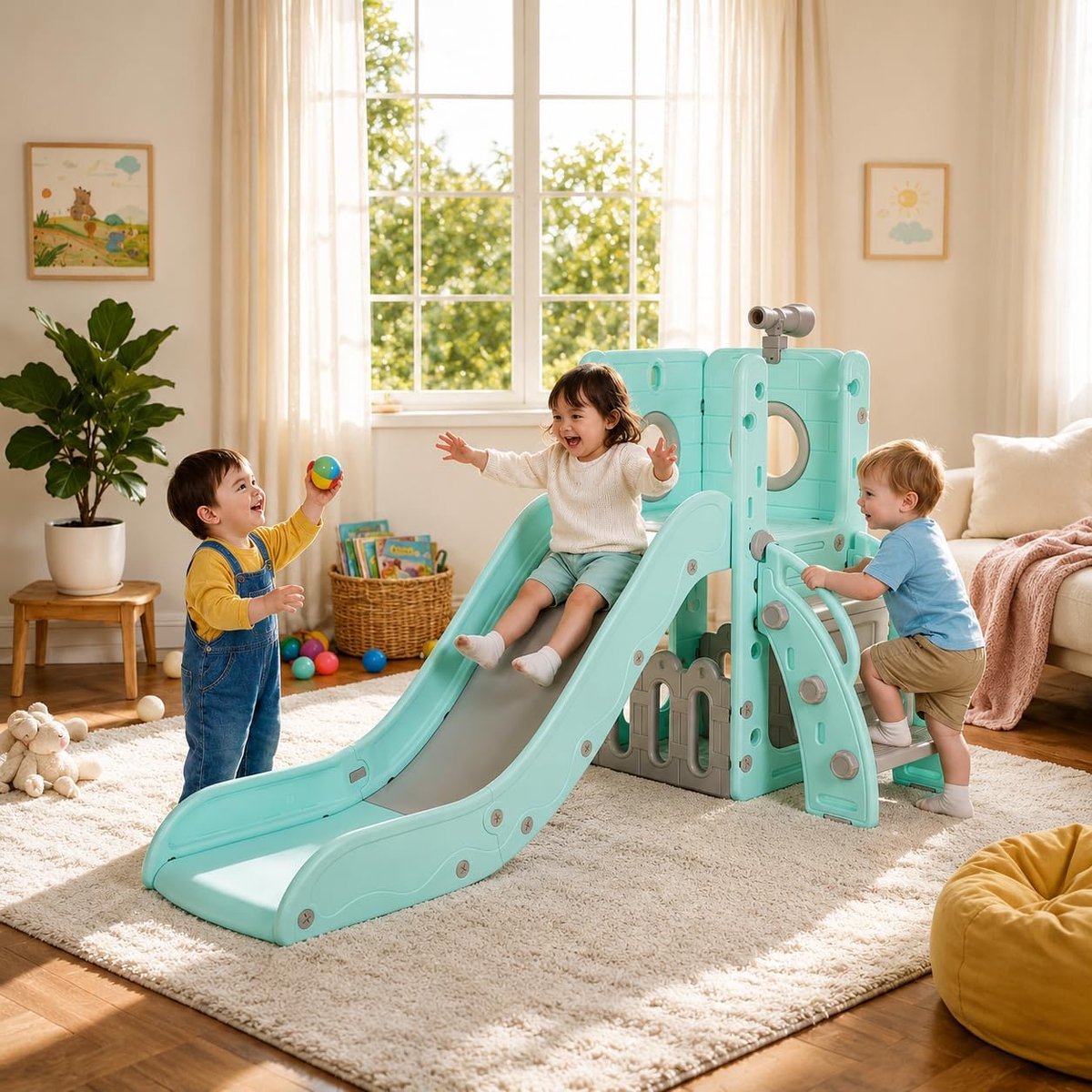 Glijbaan Voor 1-3 Jaar, Binnen- & Buitenglijbaan Jaar, Vrijstaande Glijbaan met Opbergruimte & Speeltelescopen, Tuinglijbaan, Kinderspeelplaats, Groen Grijs