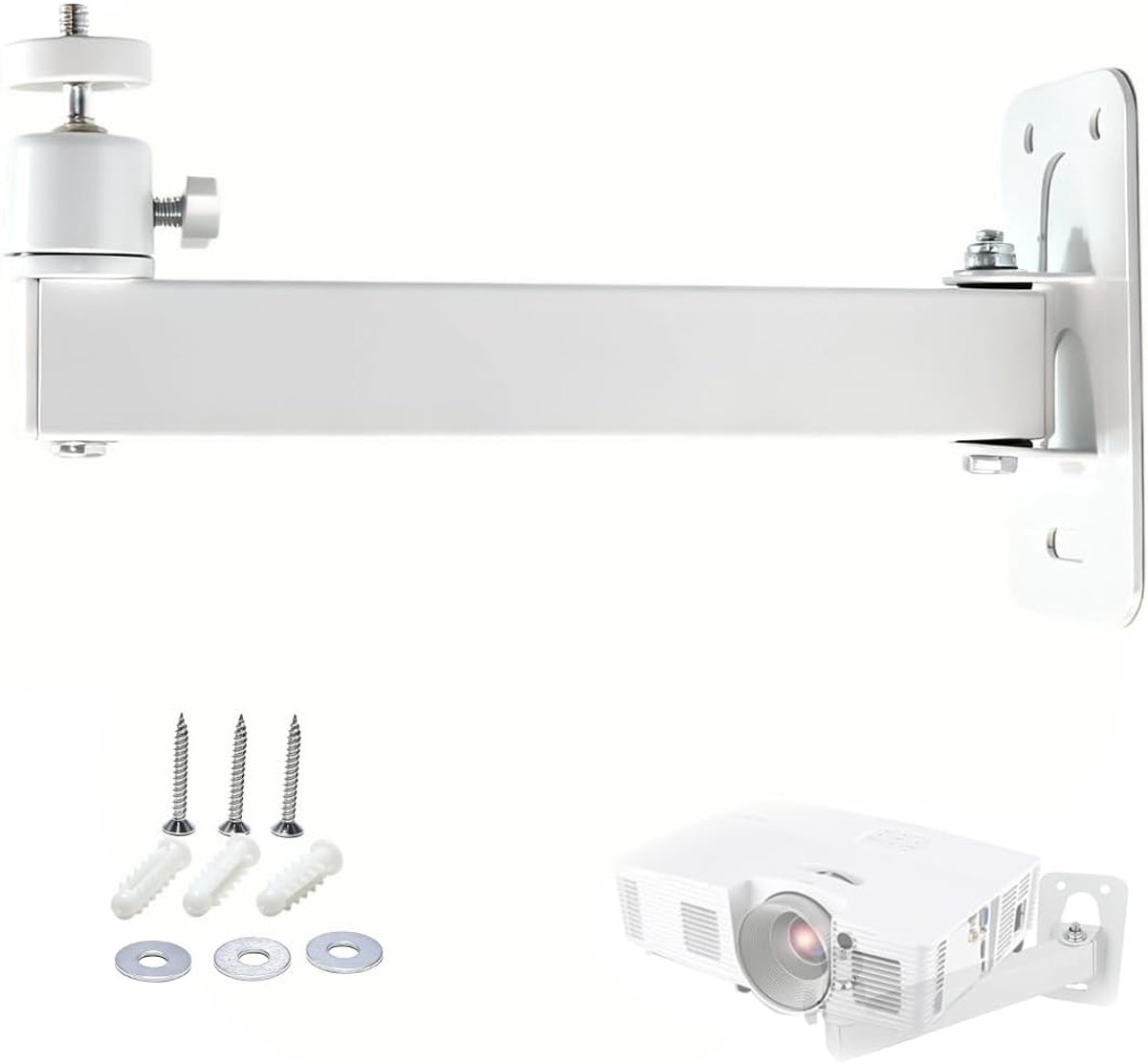 Projectorstandaard voor wandmontage, 360° draaibare metalen projectorbeugel met 1/4 inch schroefdraadaansluiting voor thuisbioscoop, speelkamer (wit)
