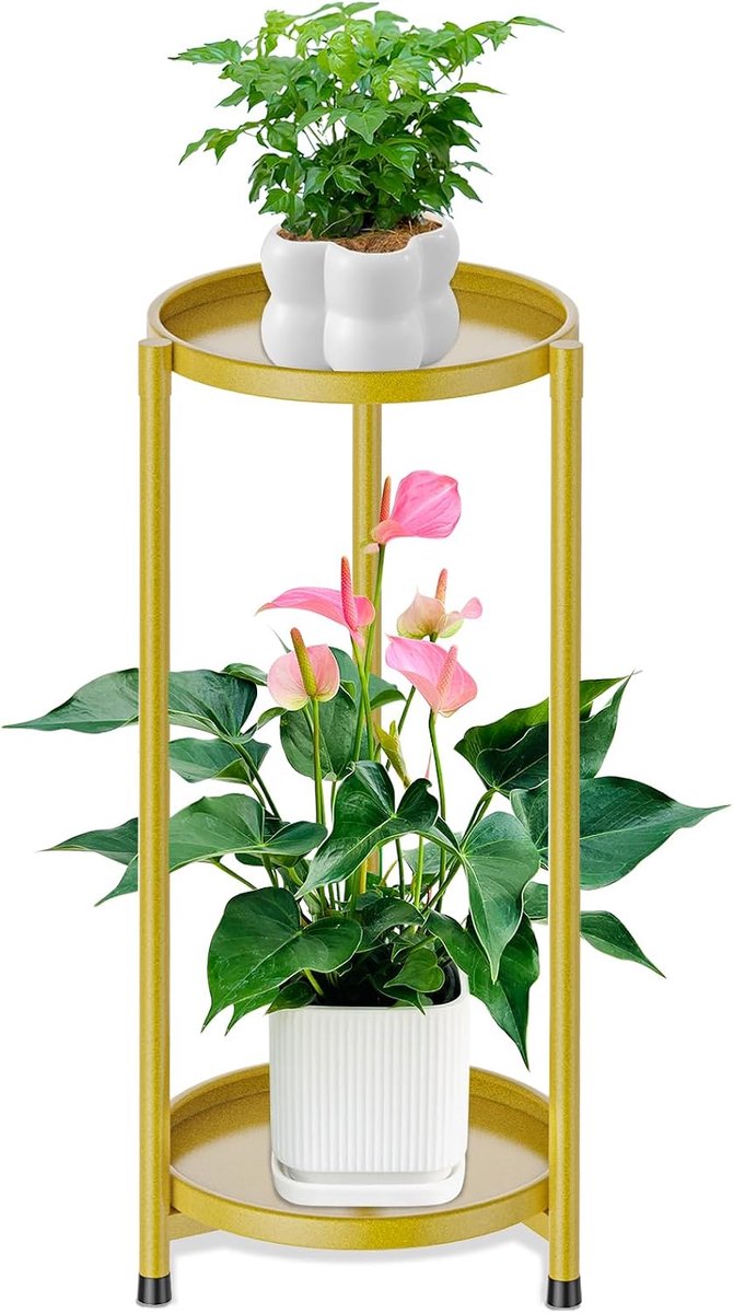 metaal, bloempot, standaard, bloempothouder, binnen en buiten, plantenhouder voor patio, tuin, balkon, woonkamer (2 lagen, goud)