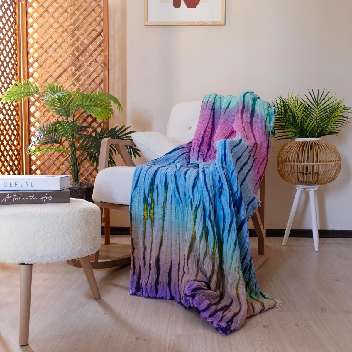 Mousseline plaid, 1 stuk voor banken en banken, strand, zomer, licht, extra zacht 100% Turks katoen, 135 x 170 cm (ritme)